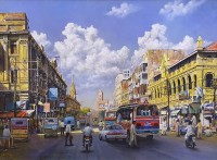 Hanif Shahzad, Cloth Market M.A. Jinnah Road Karachi, 27 x 36 Inch, Oil on Canvas, Cityscape Painting, AC-HNS-032